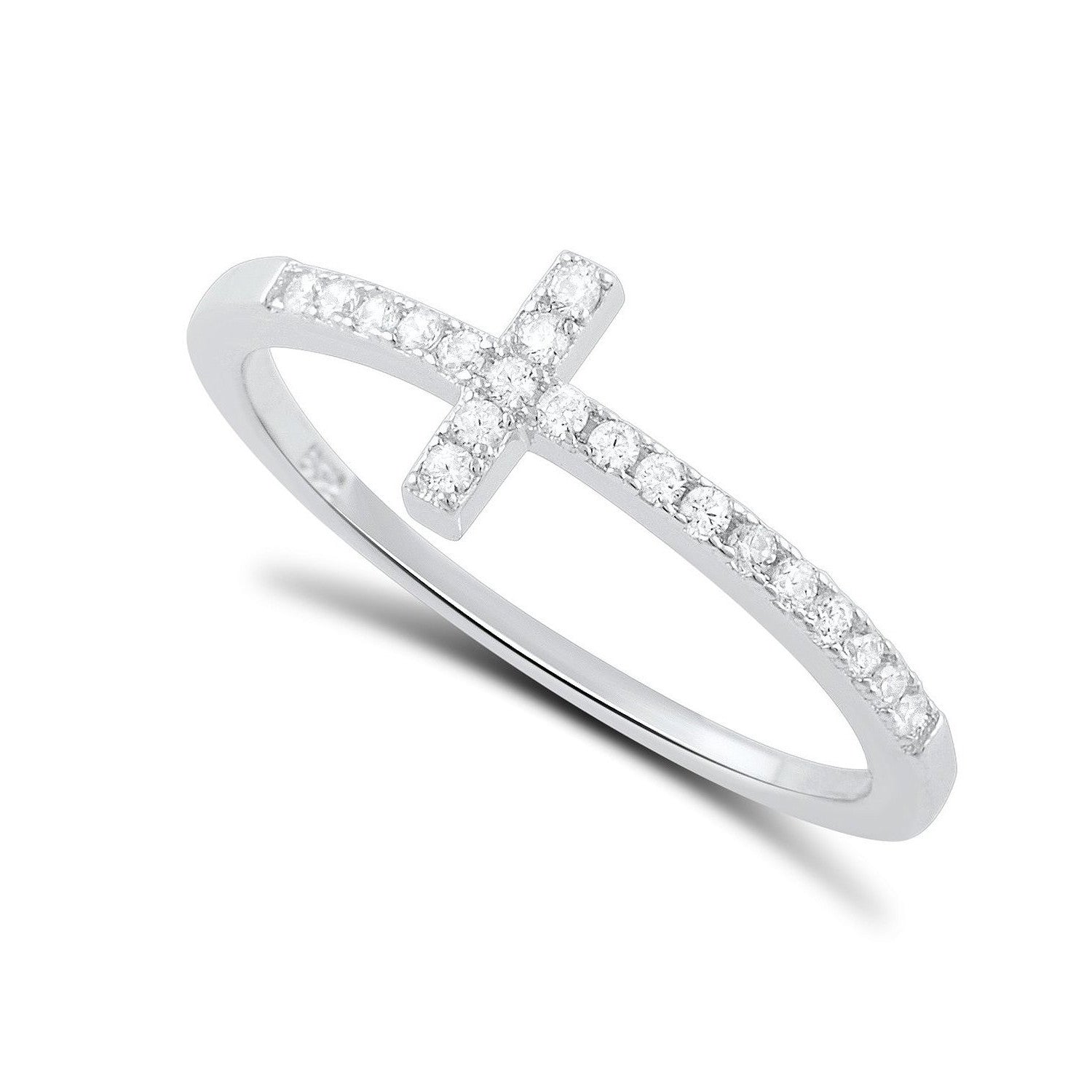 Sterling Silver Cz Thin Stackable Sideways Cross Ring