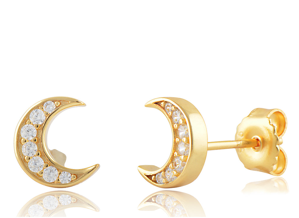 Yellow Gold Plated Silver Cz Crescent Moon Stud Earrings – SilverCloseOut