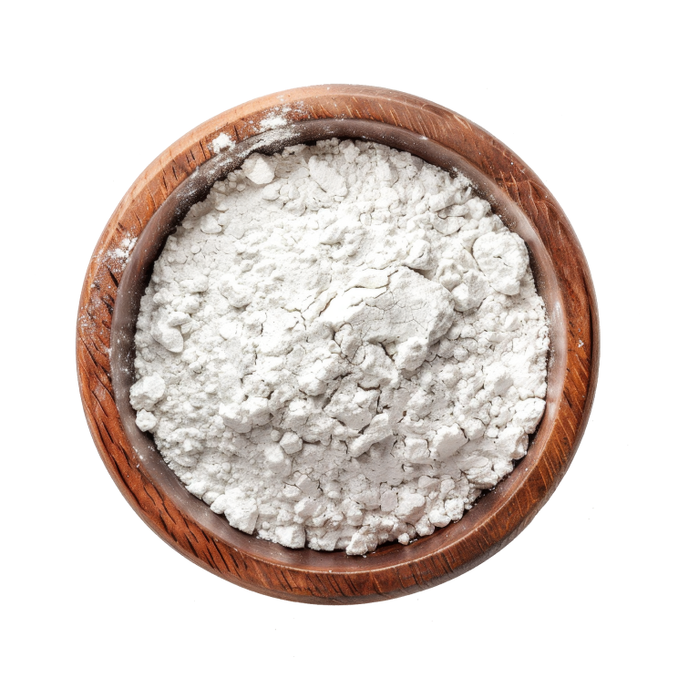 A wooden bowl filled with white flour.