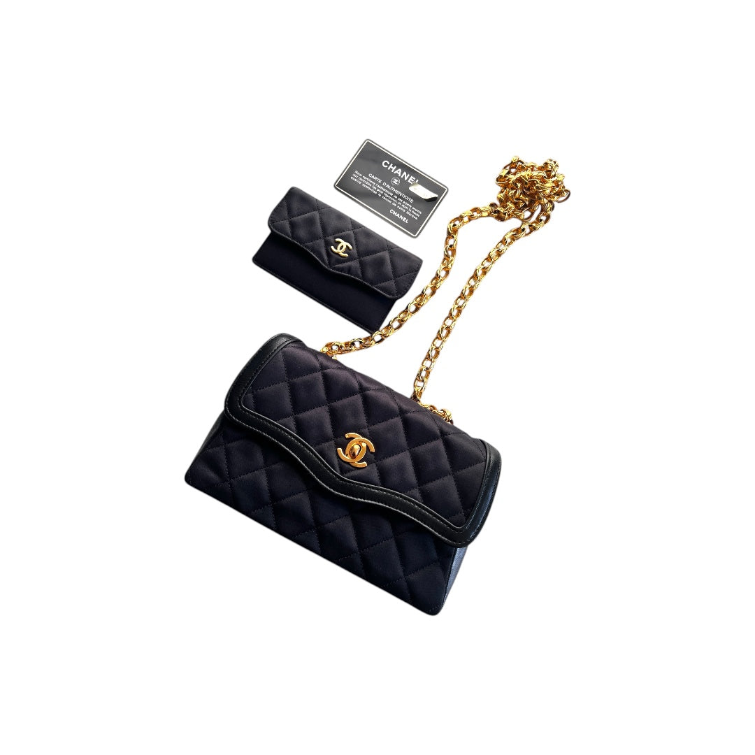 vintage chanel satin leather flap bag with card holder