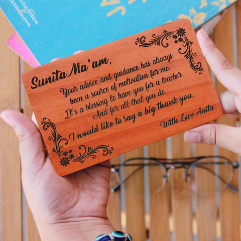 Personalized Wooden Greeting Cards Engraved With Heartfelt Messages For Teachers. These Custom Cards Of Wood Make Unique Gifts For Teachers Without Burning A Hole In Your Pocket.