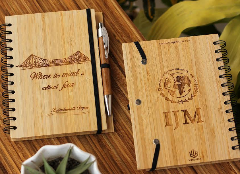 Corporate Bulk Orders - Custom wood journal with Tagore quote for International Justice Mission - Where the mind is without fear - Woodgeek Store