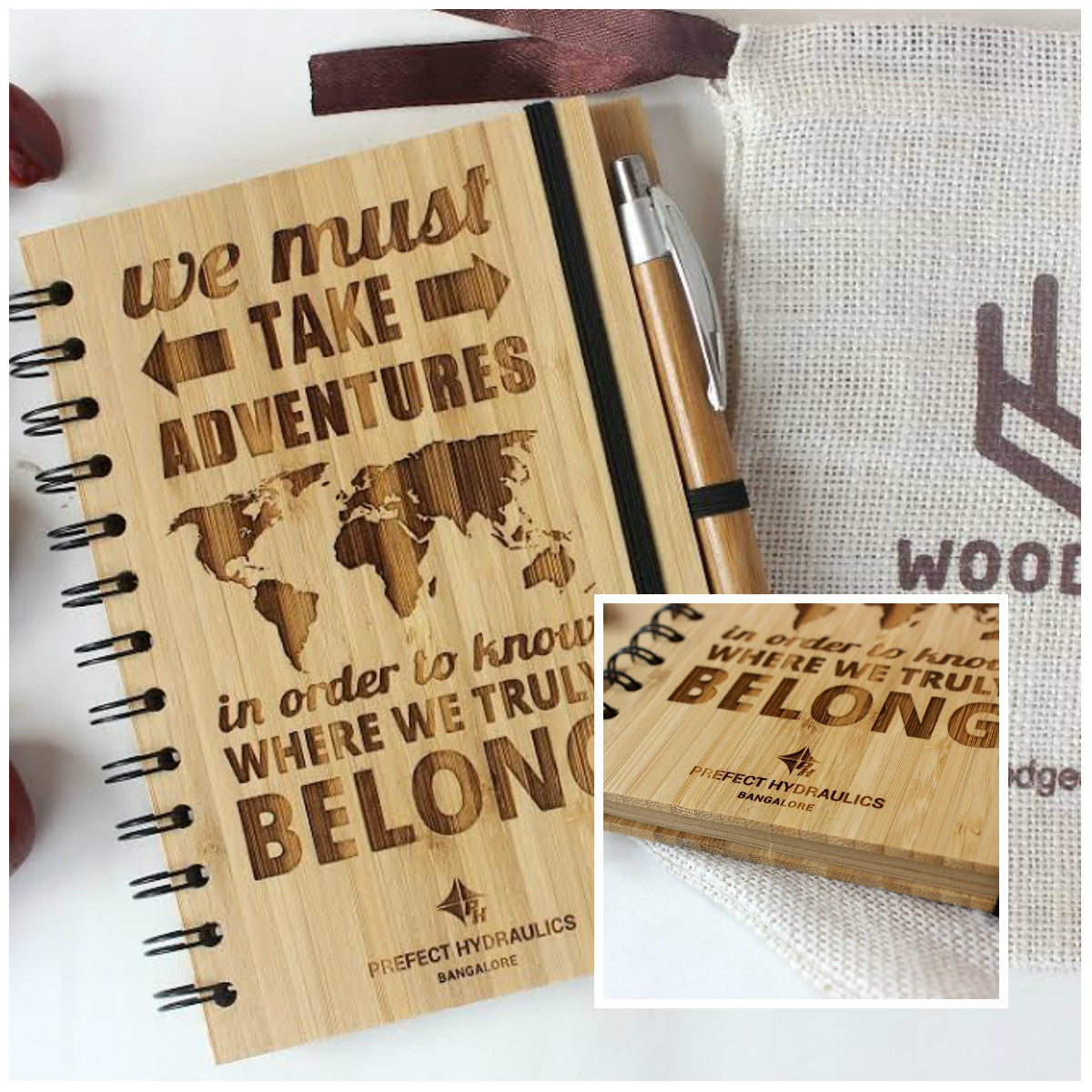 Corporate gifts - Custom engraved notebook for Prefect Hydraulics - Wood Journal - Woodgeek Store