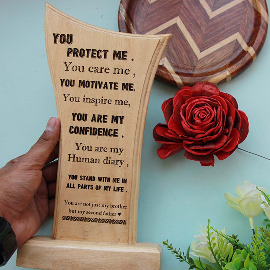 A Custom Wooden Award Standee For Elder Brother. This Engraved Wooden Plaque Makes A Great Rakhi Gift For Elder Brother. Get More Rakhi Special Gift Ideas From The Woodgeek Store.