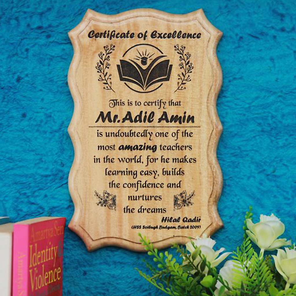 Customized Wooden Certificate Of Excellence For Teacher. This Wooden Award Certificate Makes A Unique Gift For Teachers. Buy More Personalized Gifts For Teachers From The Woodgeek Store.