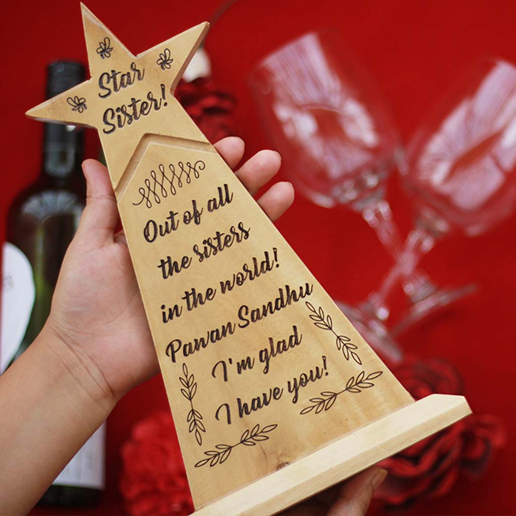 Personalized Wooden Star Award For Sister. This Funny Recognition Award Makes The Best Raksha Bandhan Gift For Sister. Buy More Personalized Gifts For Him And Her From The Woodgeek Store.