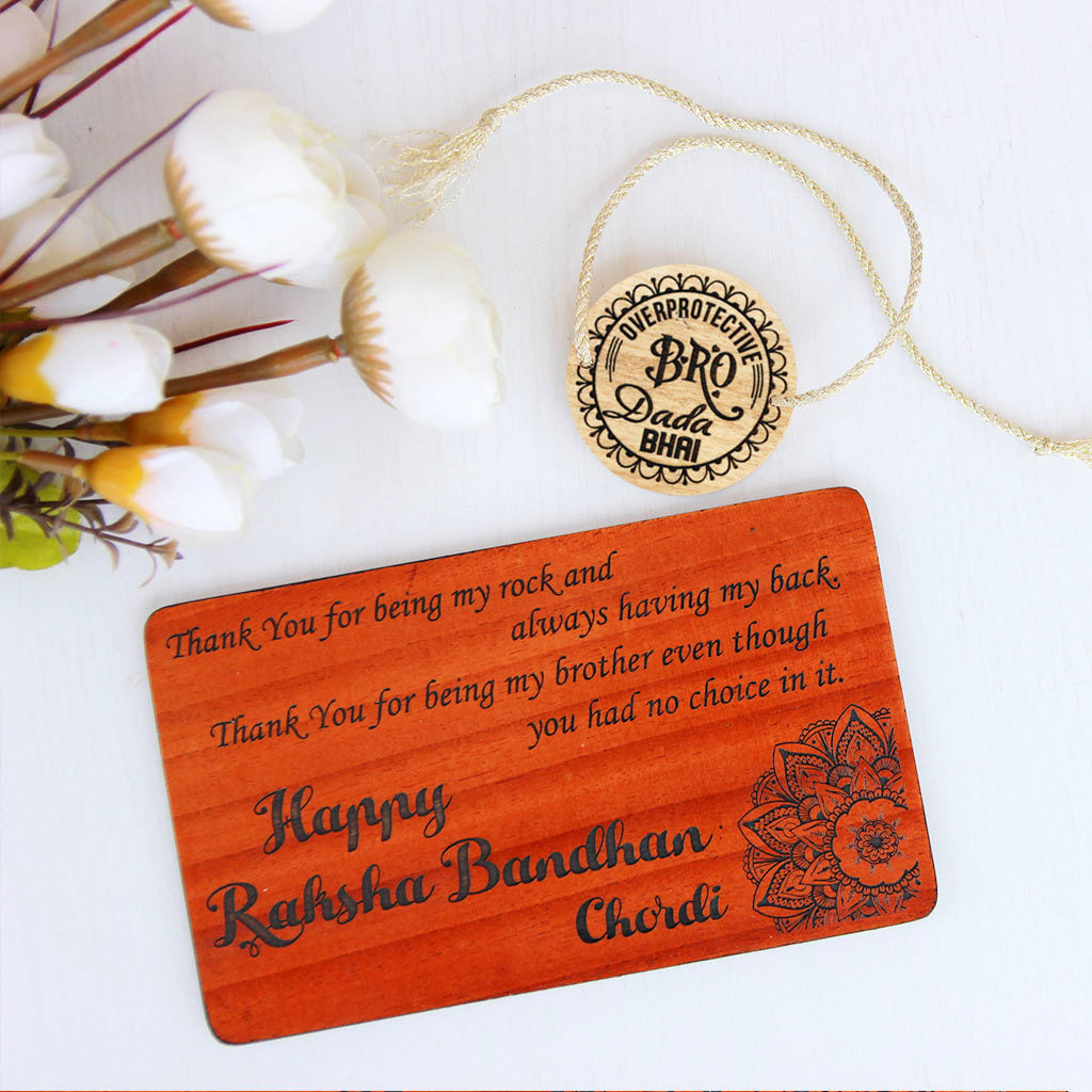 Overprotective Bro Personalized Rakhi for Brother & Raksha Bandhan Greeting Card - This Wooden Fancy Rakhi Can be Personalized With A Name - This Customized Rakhi Also Comes With A Wooden Rakhi Card Engraved With Raksha Bandhan Greetings - Buy Beautiful Rakhi Online And Personalized Rakhi Gifts For Brother Or Sister From The Woodgeek Store.