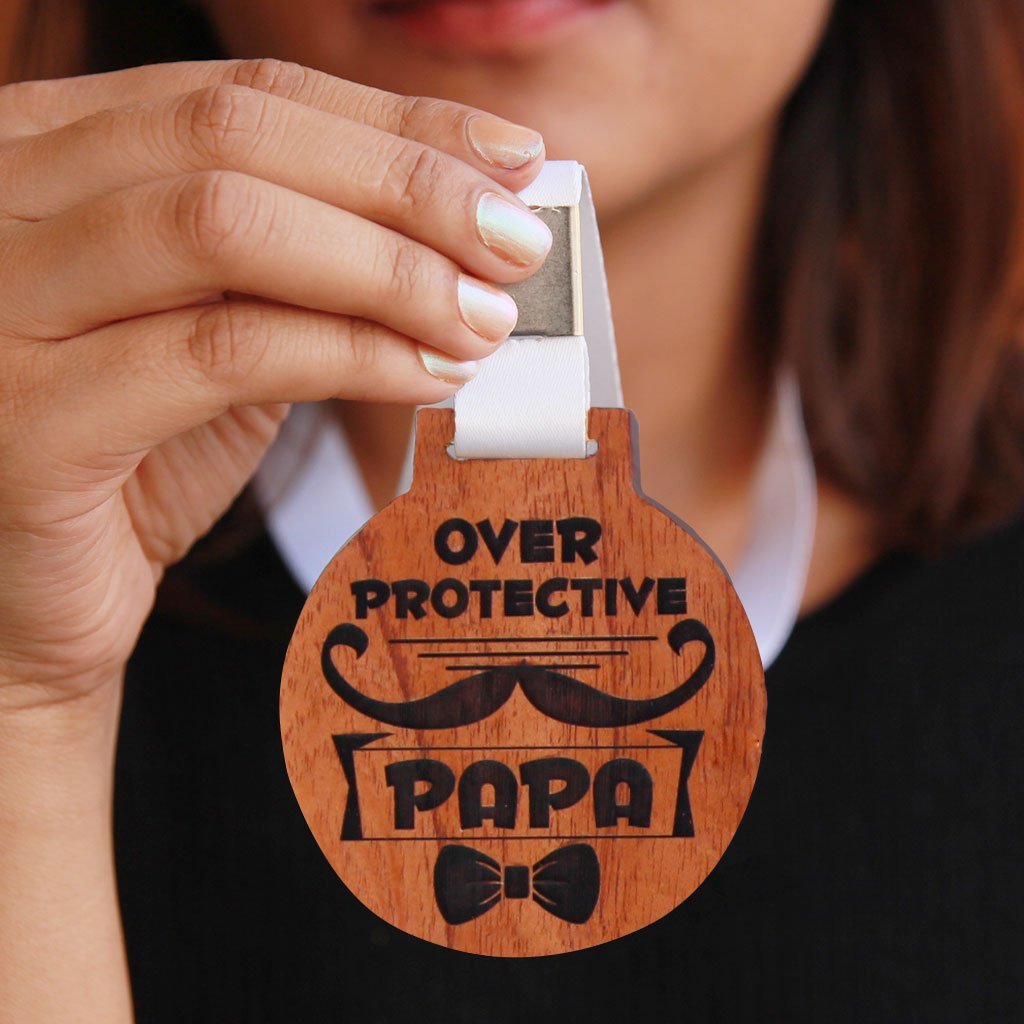 Overprotective Dad Wooden Medal - Express Love For Your Dad With This Unique Funny Award Medal - Gift Your Dad Engraved Medals As Father's Day Gifts Or Birthday Gift For Dad From The Woodgeek Store 