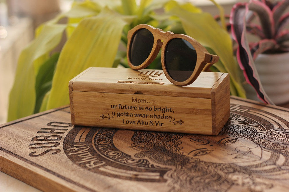 The Retro Brown Bamboo Sunglass - These Wooden Eyewear personalized with your mother's initials make the best mother's day gifts - Buy her more unique and personalized gift items from the Woodgeek Store