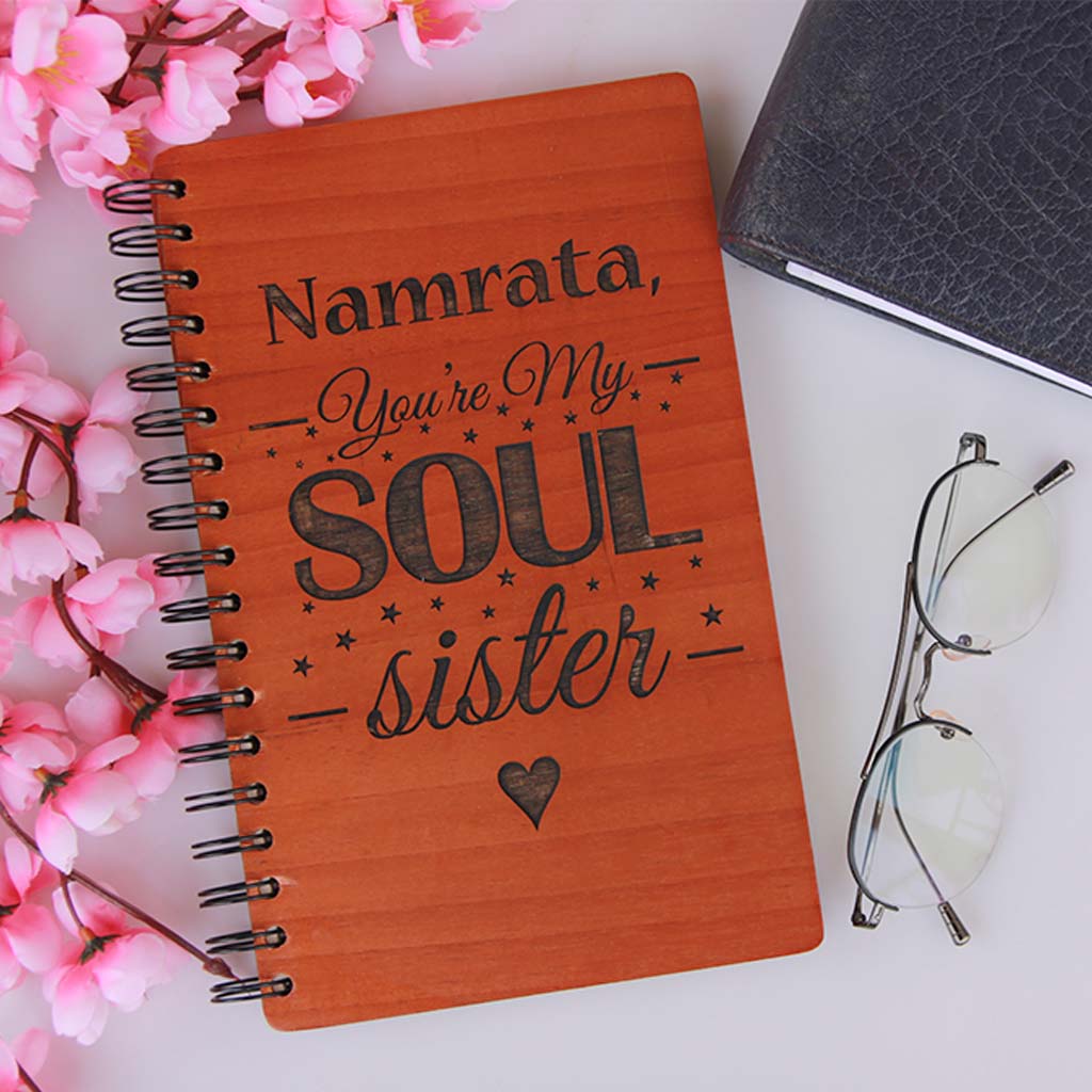 Soul Sister Personalized Wooden Notebook. This Spiral Notebook Makes A Perfect Rakhi Special Gift. Buy More Rakhi Items Online From The Woodgeek Store.