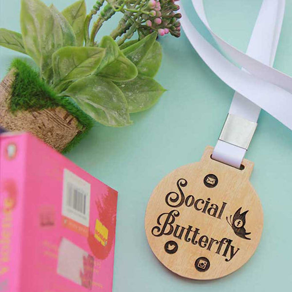 Social Butterfly Wooden Medal. A Custom Medal Engraved For A Social Person. Gifts for Gemini