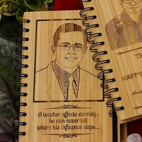 Personalised Diary Notebook Engraved With Personal Message. This Photo On Wood Is The Best Teacher's Day Gift Ideas And Birthday Gifts For Female Teachers And Male Teachers. Shop More Teacher Appreciation Gifts Online From The Woodgeek Store.