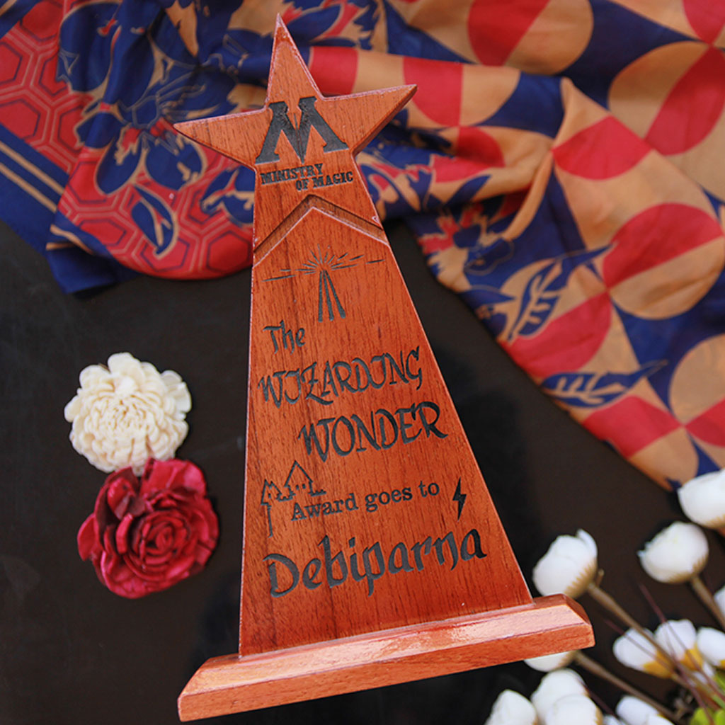 The Wizarding Wonder Star Trophy Awarded by The Ministry of Magic to the biggest Harry Potter fan. This is one of the best gifts for Harry Potter fans. Custom Trophies and awards are great personalized Harry Potter gifts for Potterheads.