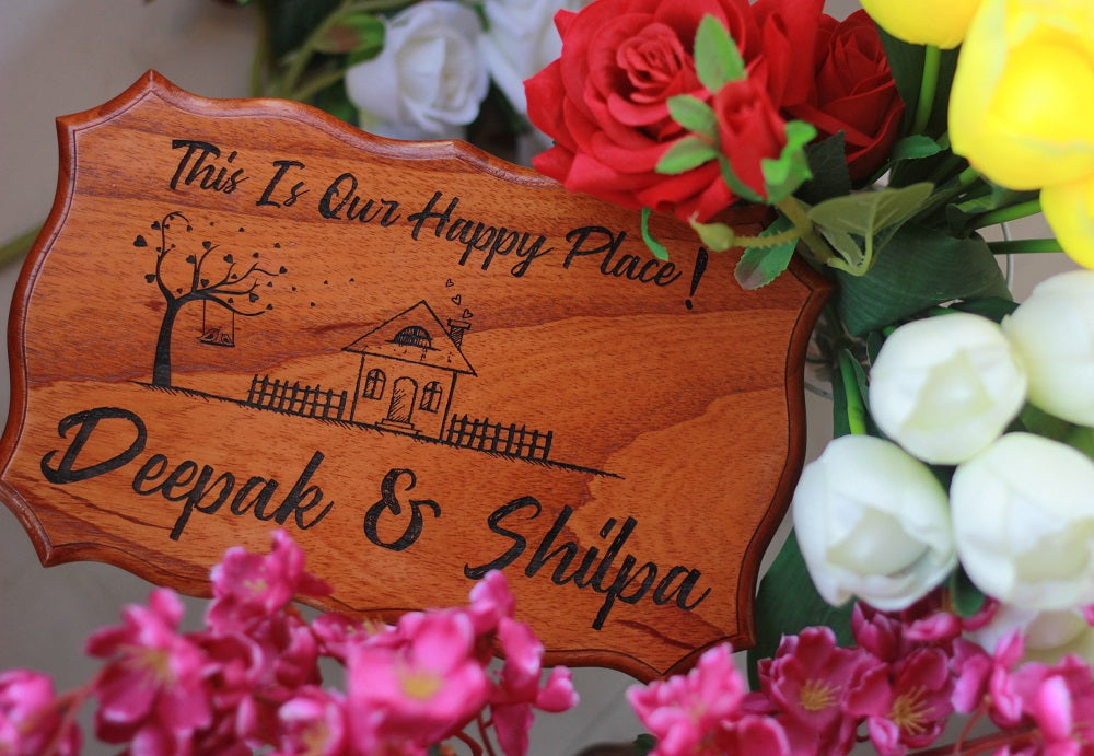 Wooden Nameplates for Home - Wooden Door Sign - This is Our Happy Place Wood Sign by Woodgeek Store