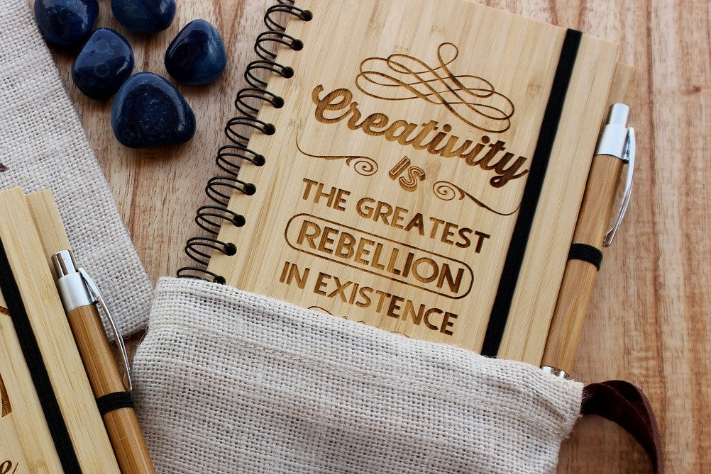 Creativity is the greatest form of rebellion in existence - Osho Quotes - Inspirational Notebook for Creatives - Wood Journal - Woodgeek Store