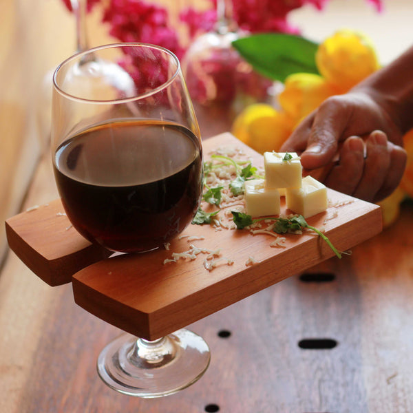 Wooden Cheese Serving Board With Wine Glass Holder - Wooden Wine Glass Holder & Tray - Wine Tray Glass Holder - Wine Plates That Hold A Glass - Cocktail Plates With Wine Glass Holder - Plate with Glass Holder - Appetizer Plates With Wine Glass Holder - Wine Holder Plates - Wine Tray Glass Holder - Wine Glass Tray - Bar Accessories - Wine Accessories - Woodgeek Store