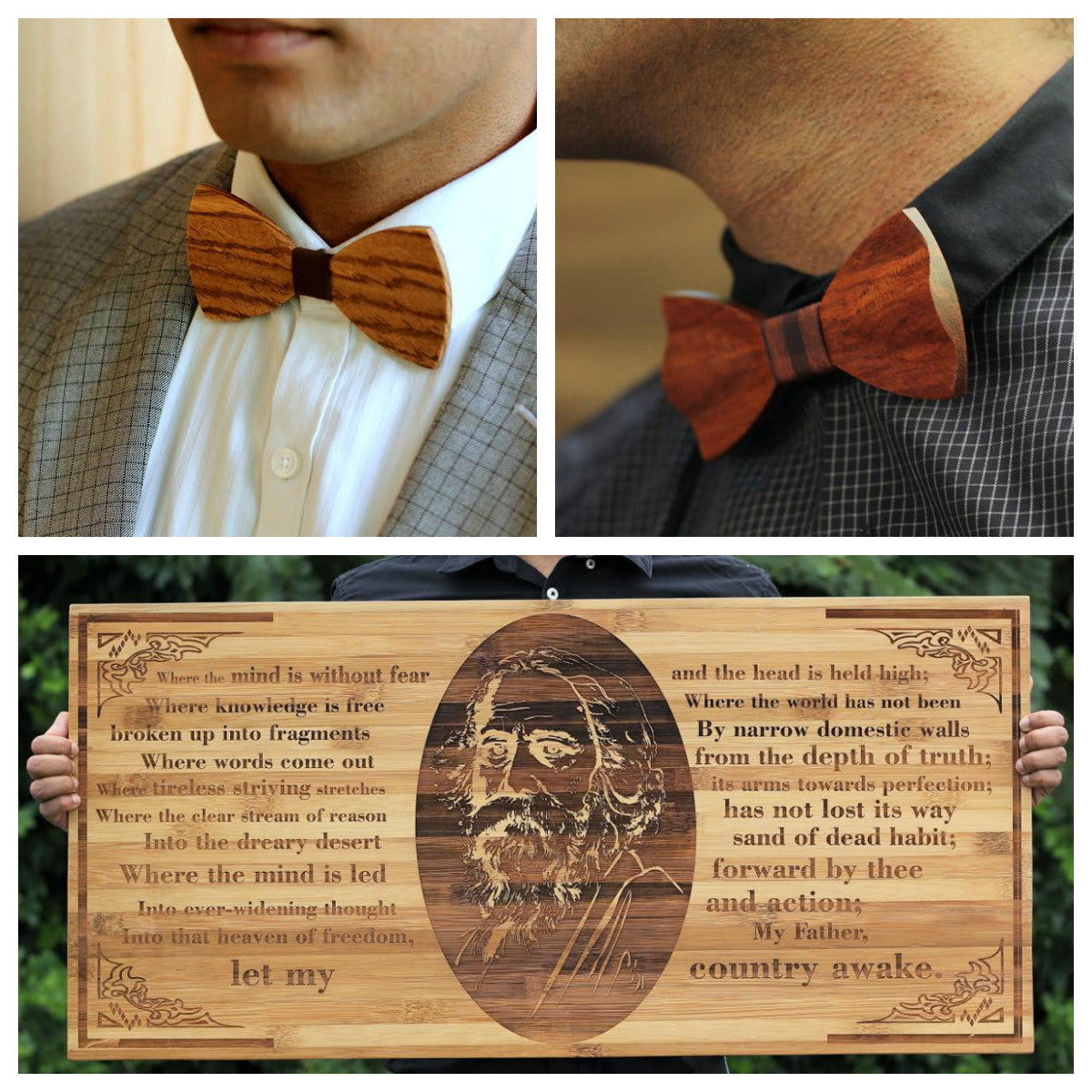 Wooden bowties and wooden wall art from Woodgeek Store