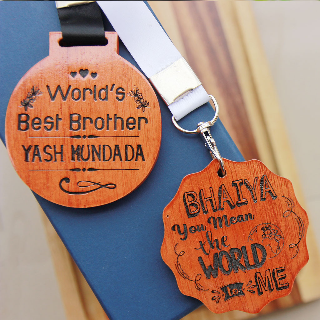 Customized Wooden Medal For The World's Best Brother - Bhaiya You Mean The World To Me Personalized Wooden Medal - These Custom Medals Make The Best Gifts For Siblings - Buy More Fun Gifts For Him And Her From The Woodgeek Store.