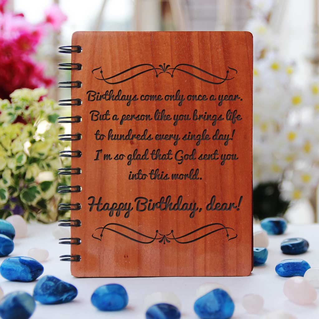 Birthday Message Engraved On Wooden Notebook | Best Birthday Gifts ...