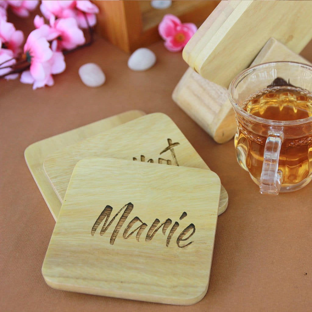 Square Wooden Coaster Set With Holder, Custom Coasters