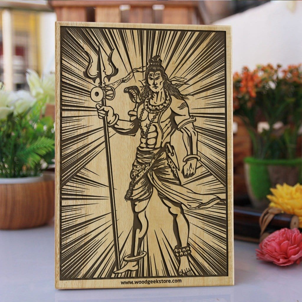 Shiva Carved Wooden Poster Indian God Wood Art Decor Wood Wall Art Woodgeekstore