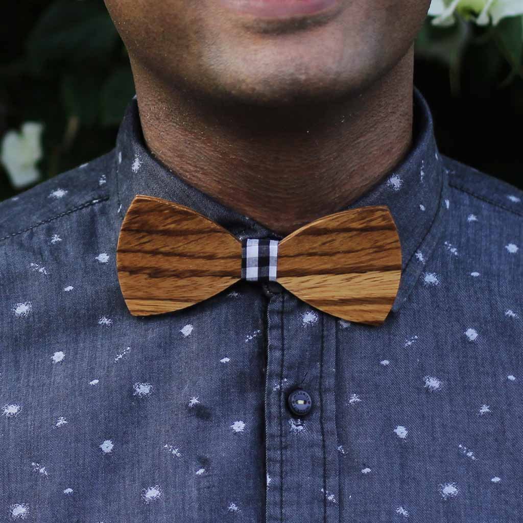 The Sodhi - Brown Wooden Bow Tie With Black Star Fabric - Woodgeek ...
