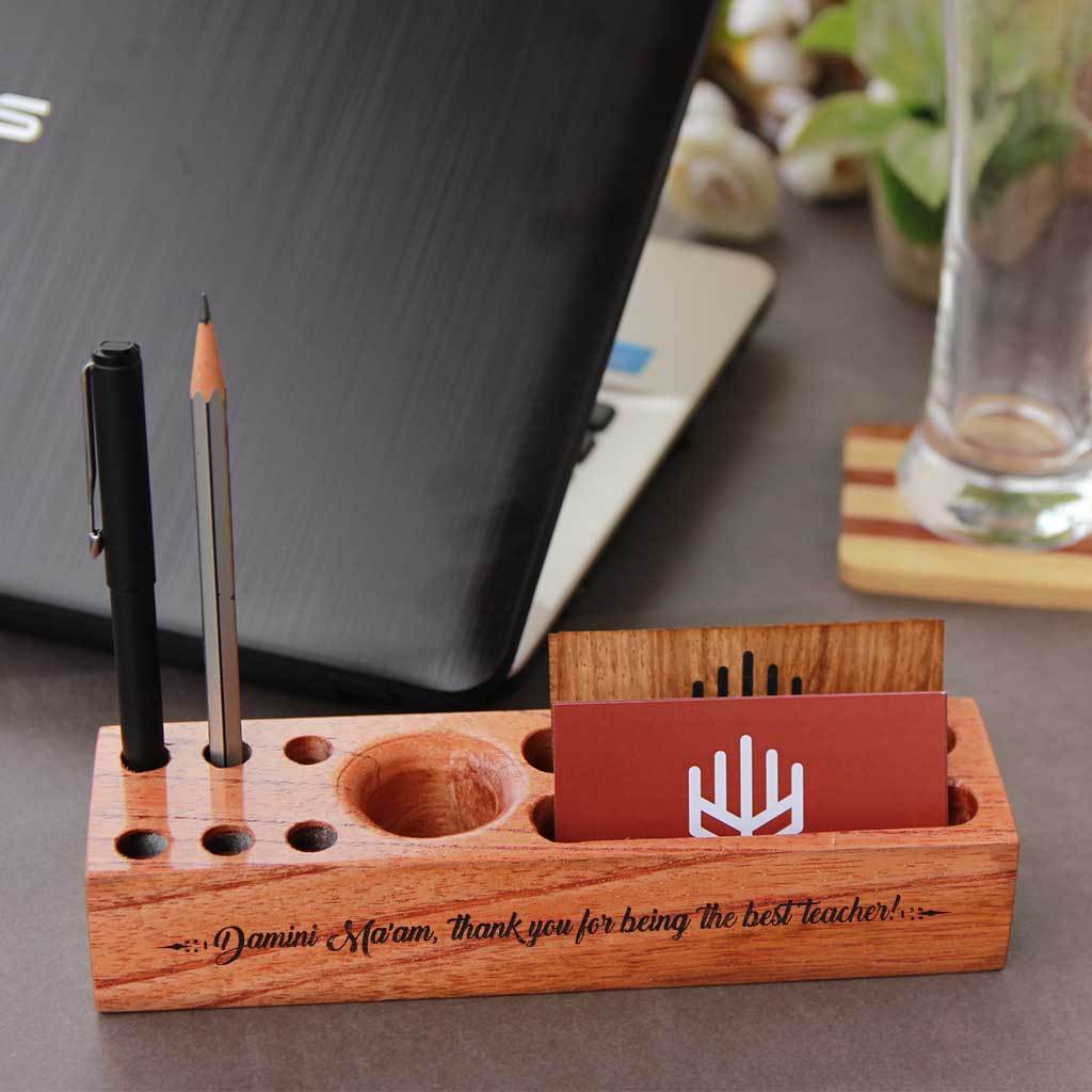 Wooden Table Organizer Pen Stand Visiting Card Holder Teacher Gifts