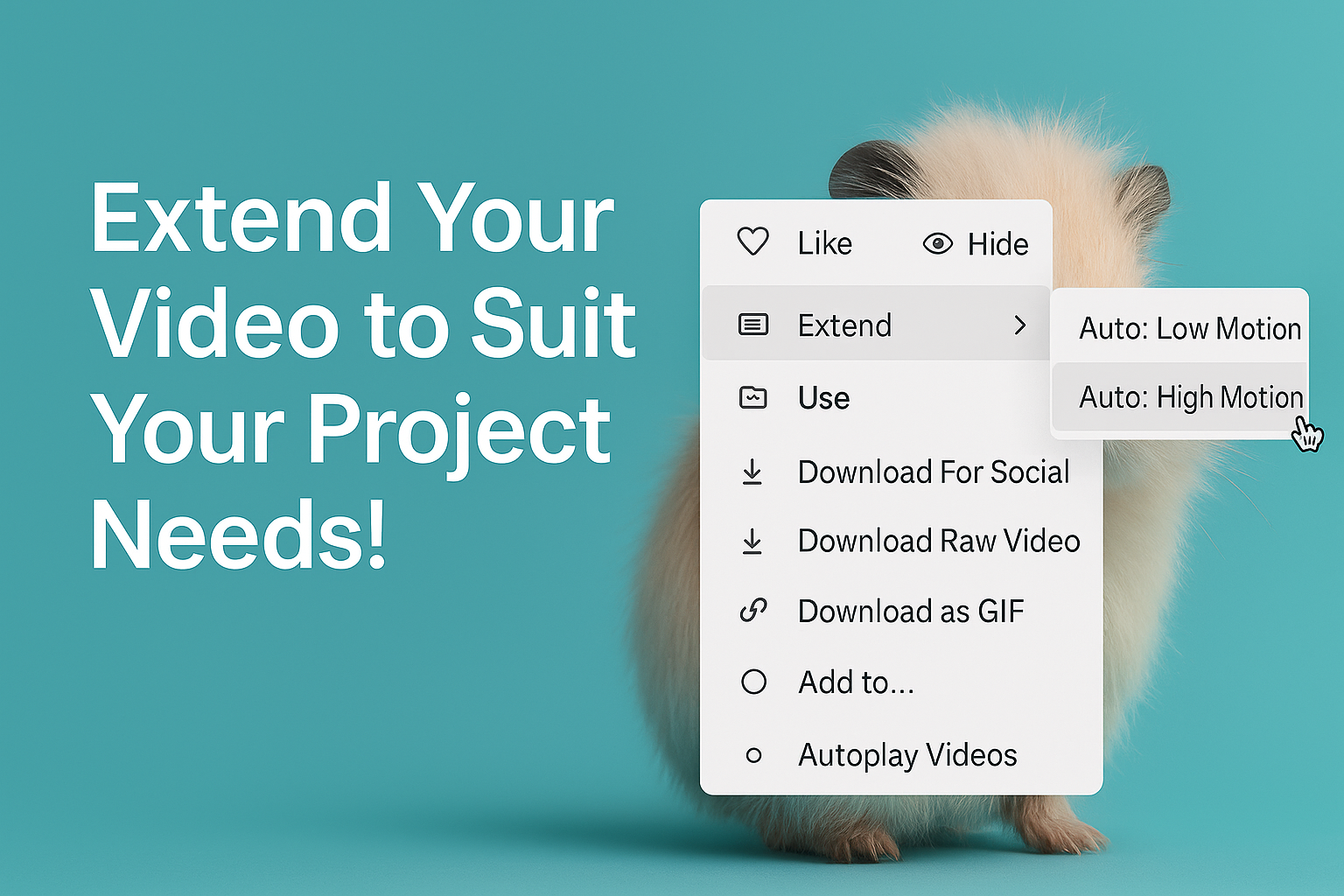 Screenshot of the MidJourney video export menu with an “Extend” option highlighted, alongside the caption “Extend your video to suit your project needs!” on a teal background.