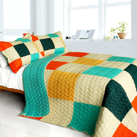 Modern Orange Green Patchwork Teen Bedding Full/Queen Quilt Set Colorblock Bedspread - KidsRoomTreasures.com