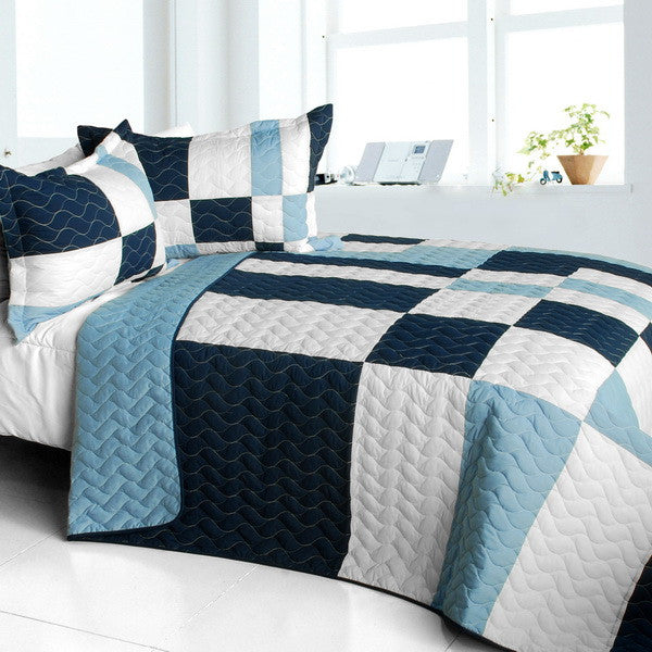 Blue White Patchwork Geometric Teen Boy Bedding Full/Queen Quilt Set
