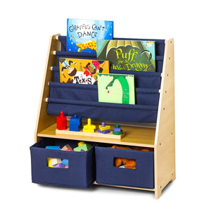 Navy Blue 3-Tier Sling Bookshelf Bookcase with 2 Canvas Storage Bins - Natural or White Kids Furniture