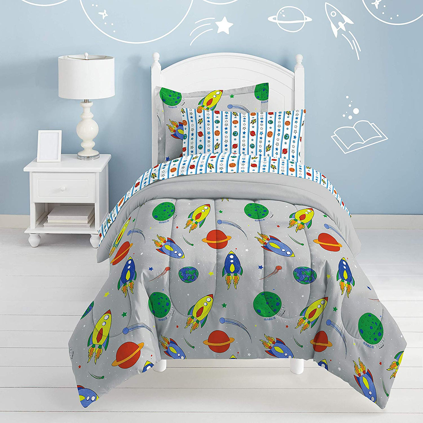 Gray Outer Space Rocket Boys Bedding Twin Comforter Set Bed In A Bag E Kidsroomtreasures Com