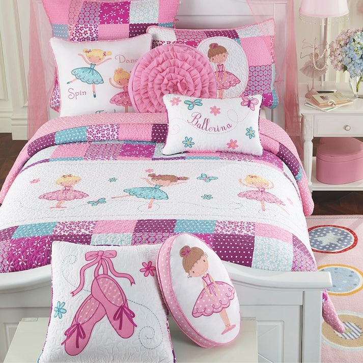 Pink Ballerina Dancer Girl Bedding Twin Full/Queen Cotton Patchwork Quilt Set Cotton