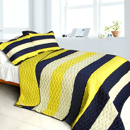 Navy Blue Yellow Striped Teen Boy Bedding Full/Queen Quilt Set Modern ...