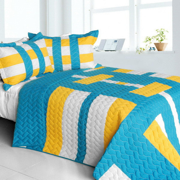 Turquoise Blue Yellow & White Striped Teen Bedding Full/Queen Quilt Se ...