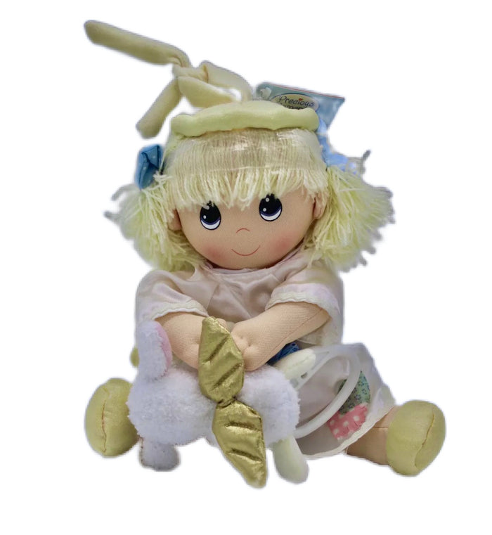 Precious Moments Musical Angel Girl Plush Toy Doll With Lamb Pull Down String Crib / Stroller Toy Pal Large 12" New Rare Vintage Collectible