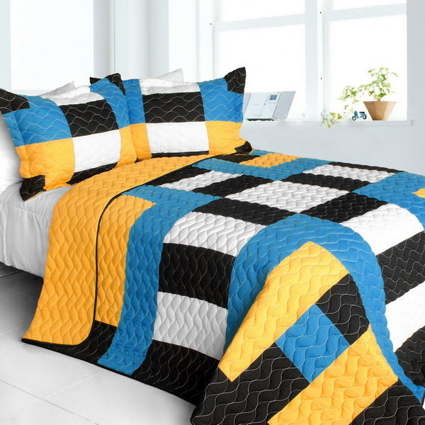 Blue Yellow Navy & White Geometric Teen Bedding Full/Queen Quilt Set P ...