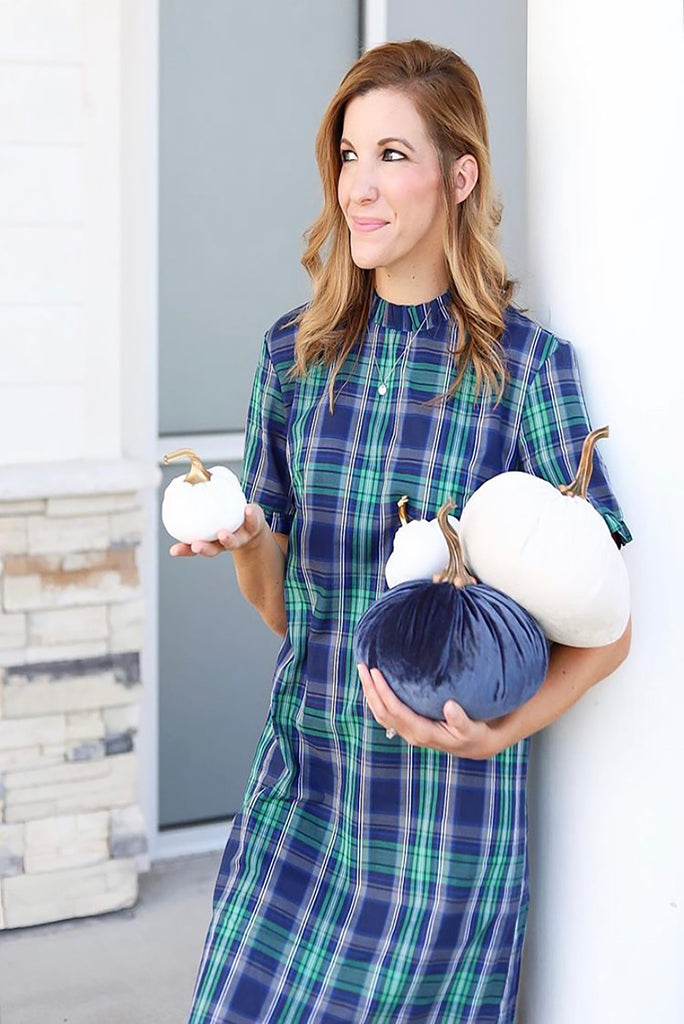 navy and green plaid dress