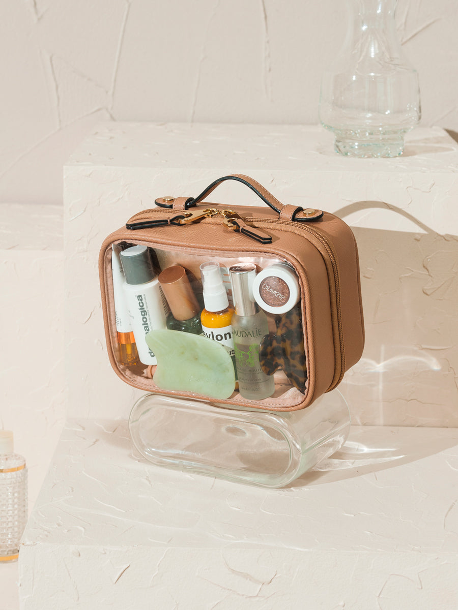 CALPAK cosmetic case for travel in caramel color