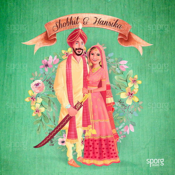 illustrated punjabi wedding invitation design - sikh bride
