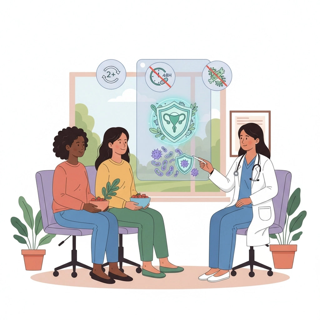 Illustration depicts diverse women consulting a doctor post-BV treatment. Icons highlight recurrence history, timing post-antibiotics, and microbiome health benefits for infection prevention.