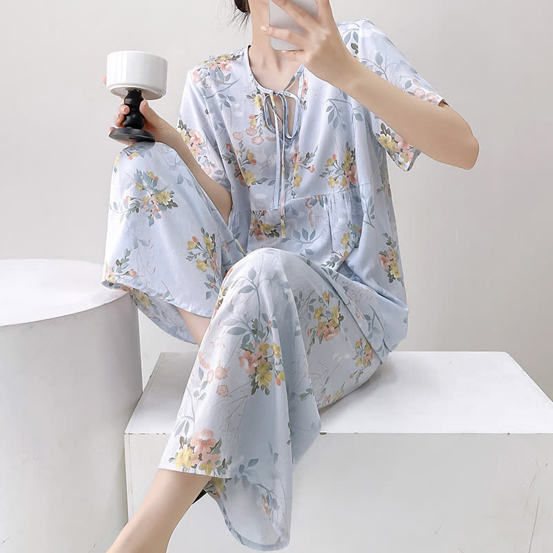 Flower & Leaf Tie-Front Loungewear Set
