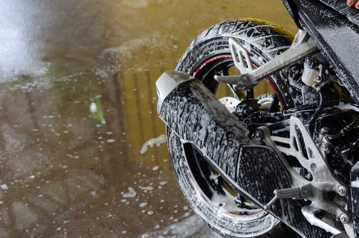 A motorcycle soaped up.