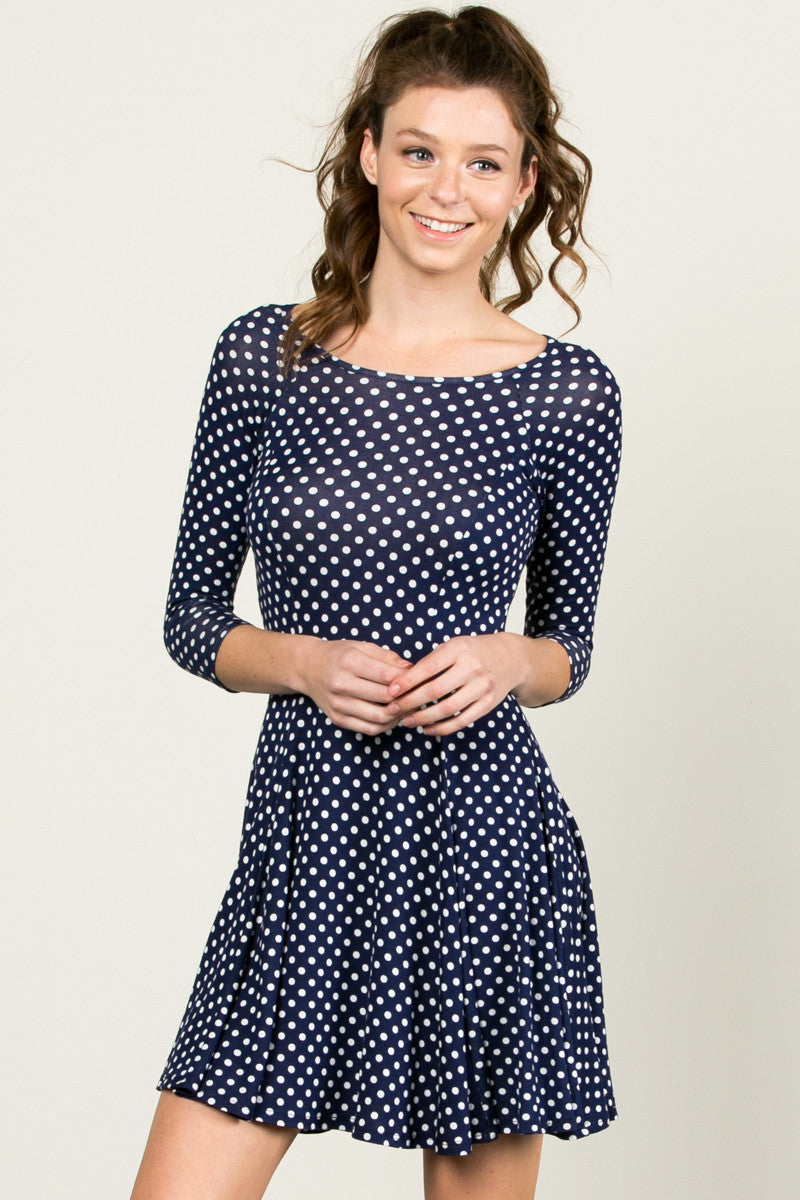 navy dress white polka dots