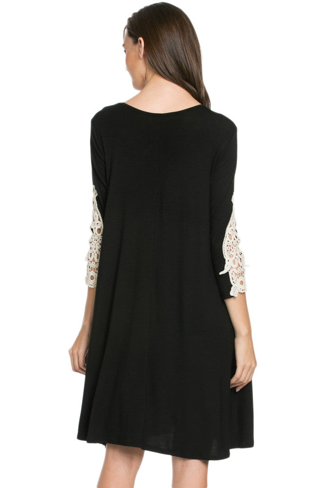 Crochet Elbow Patch A-line Tunic Knit Dress Black | My Yuccie