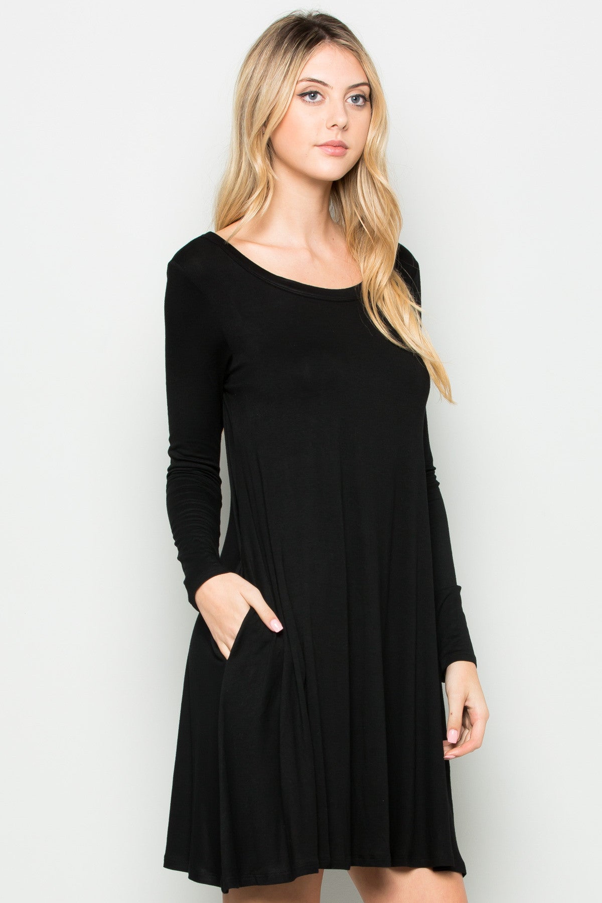 black long sleeve open back dress