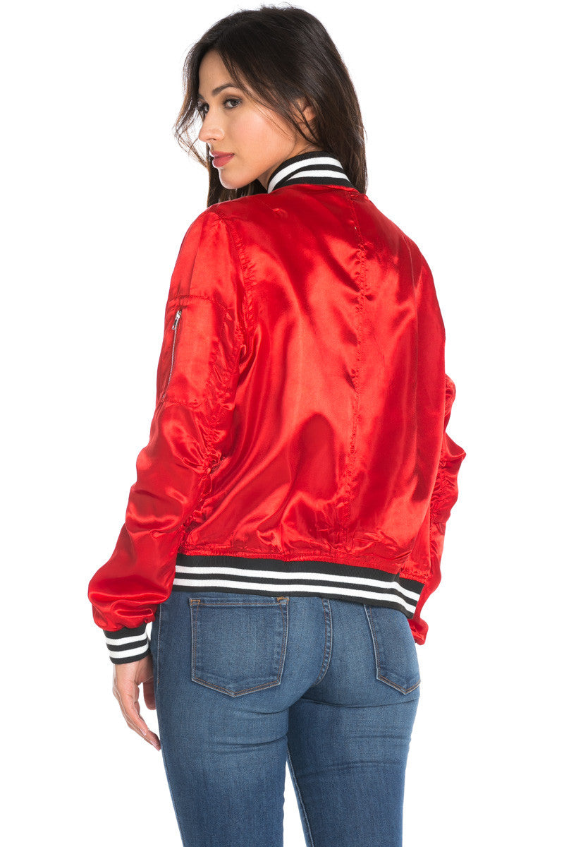 red bomber jacket with hood