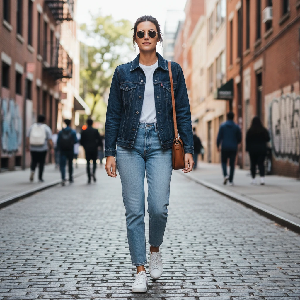femme blanche avec veste en jean brut, t-shirt blanc, jean clair et baskets.