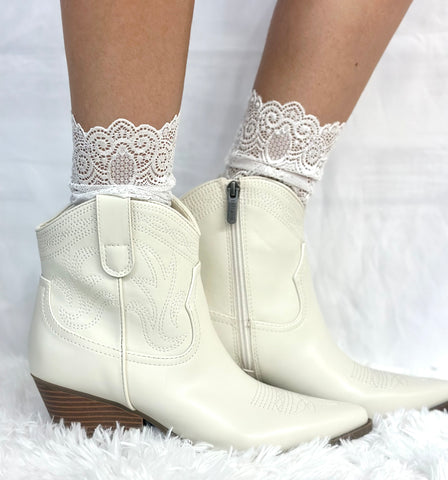 crop white cowboy boots with lace socks - western wedding fashion