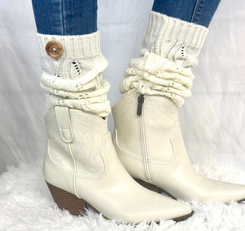 what socks to wear with white cowboy boots - cute slouchy leg warmers - Catherine Cole Atelier